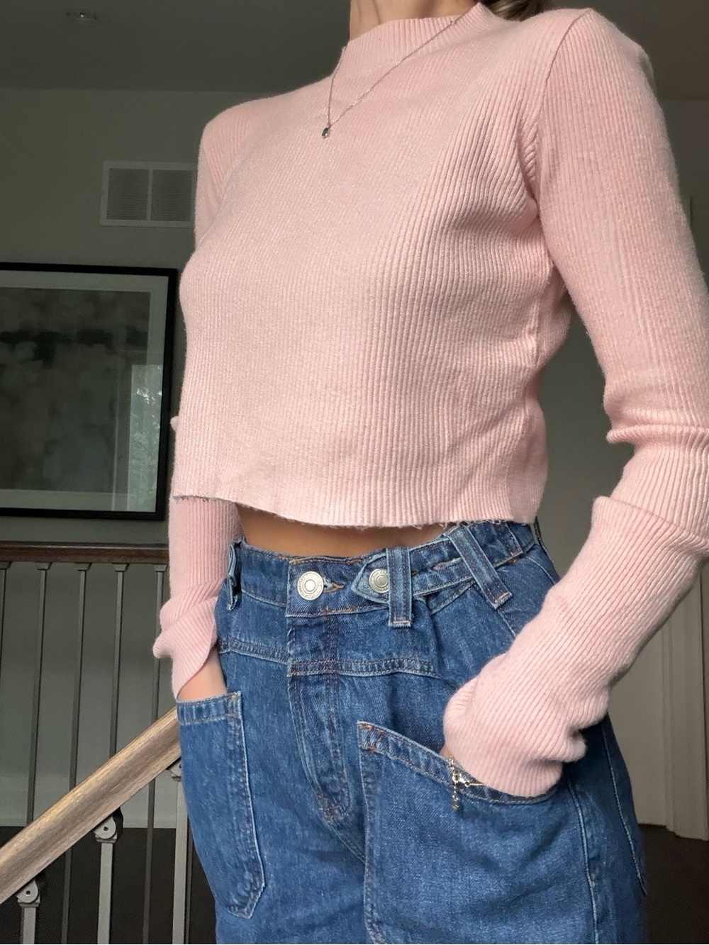 Brandy Melville Pink Ribbed Cropped Turtleneck Sweater
